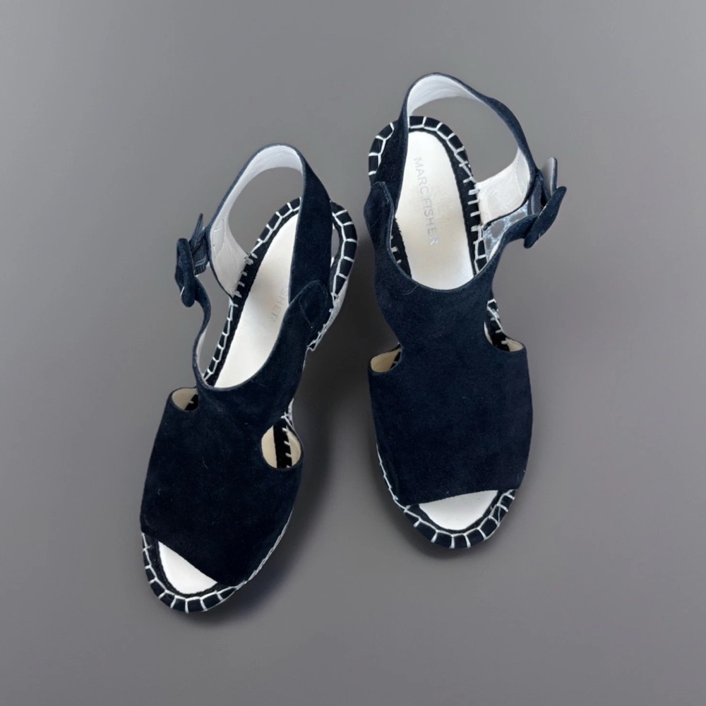Black Suede Espadrille Wedge Sandals Marc Fisher 8W Cutout Slingback Platform - Picture 7 of 10